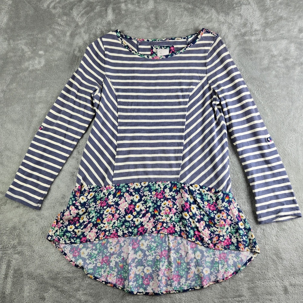Anthropologie Postmark‎ Top Womens Small Blue White Striped Floral Hem Tunic